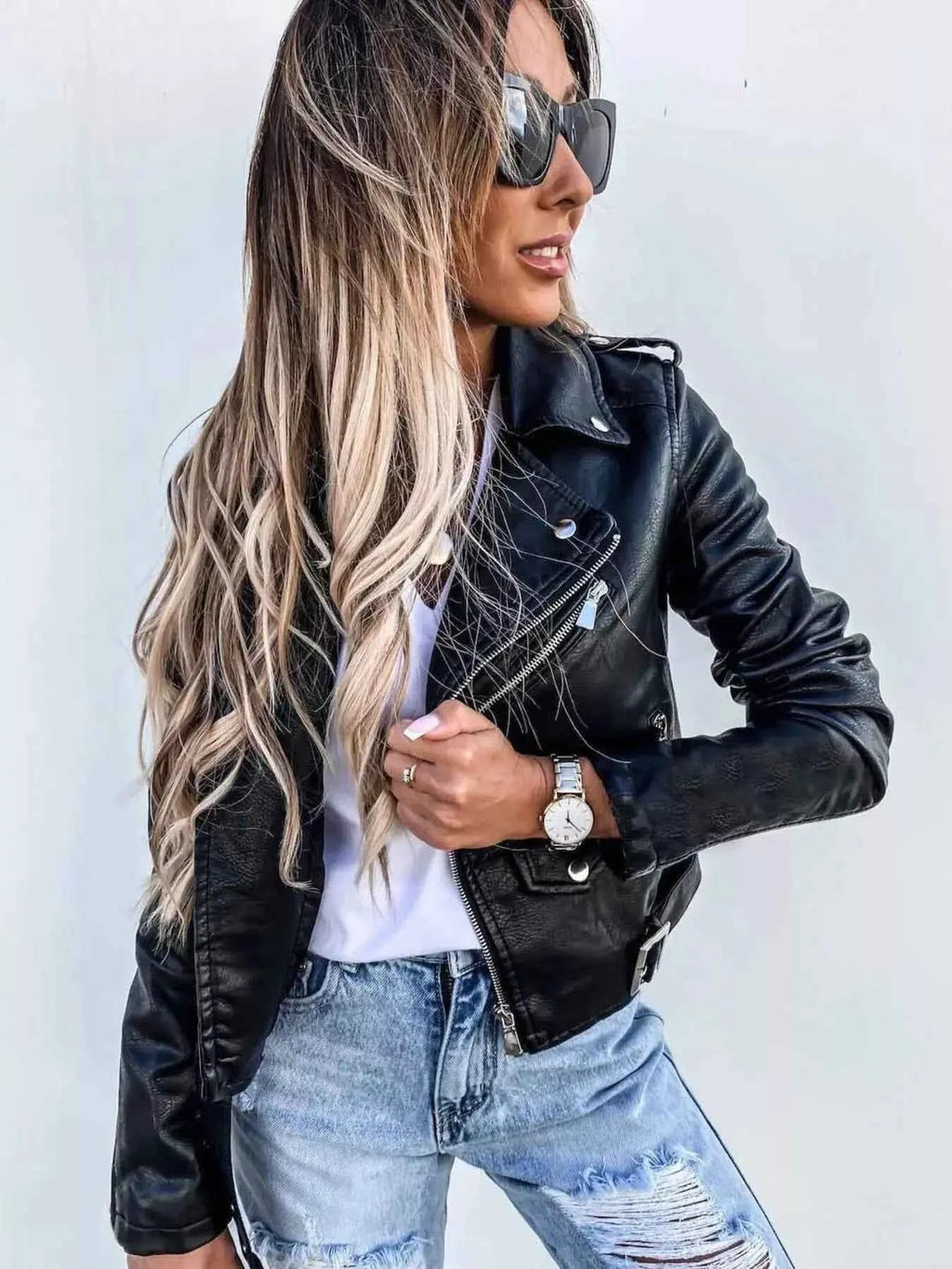 Plus Size Zip Up Motorcycle Biker Faux Leather Jacket