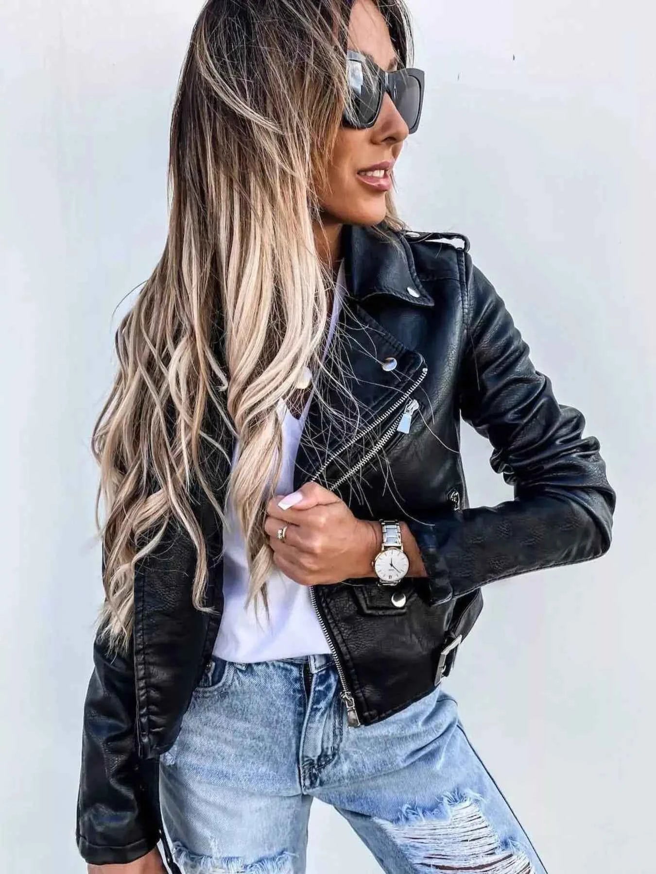 Plus Size Zip Up Motorcycle Biker Faux Leather Jacket