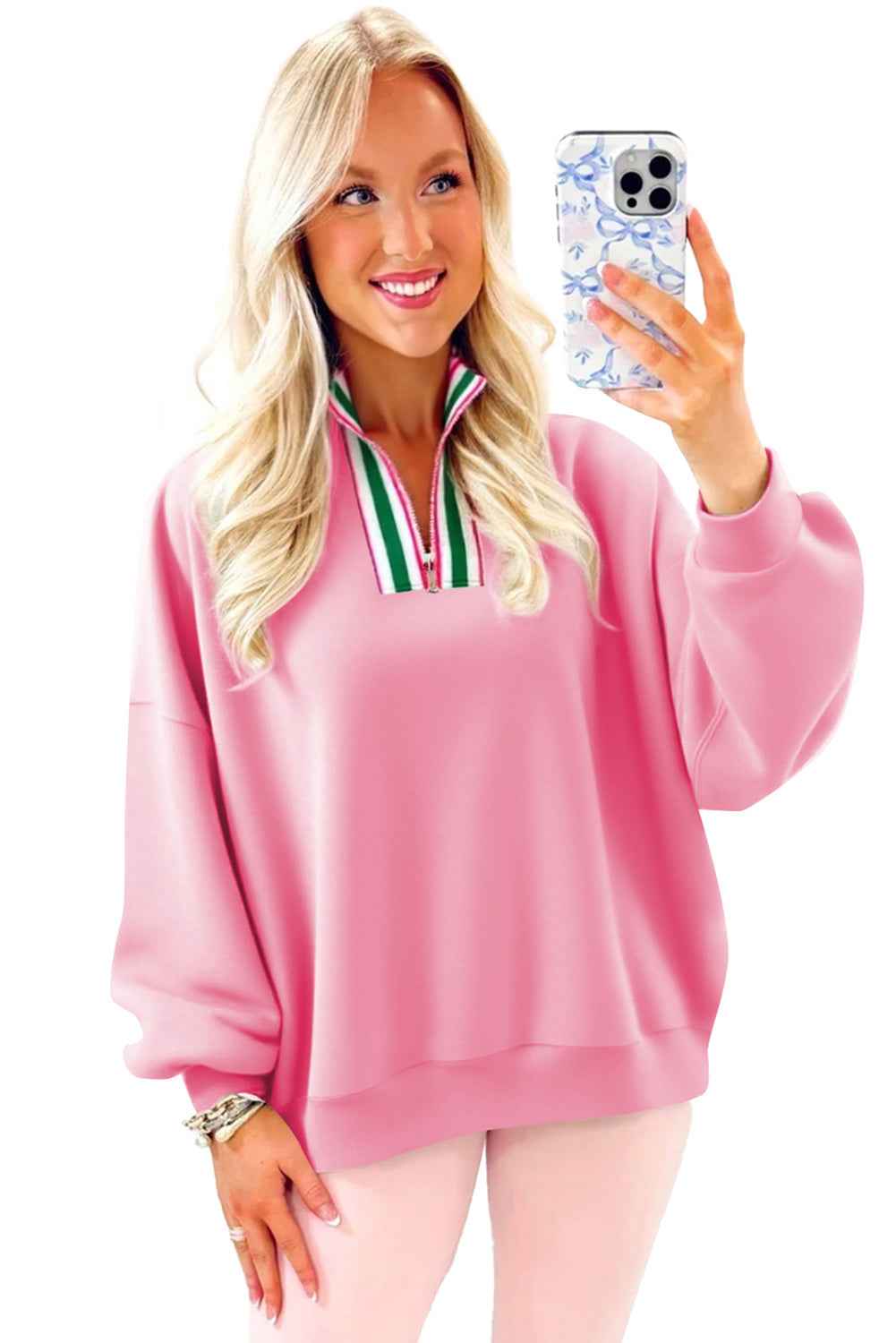 Sachet Pink Pop of Color Collared Patchwork Pullover Sweatshirt
