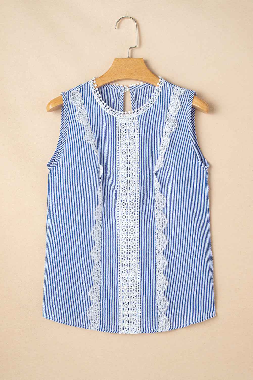 Sky Blue Stripe Lace Patchwork Crew Neck Tank Top
