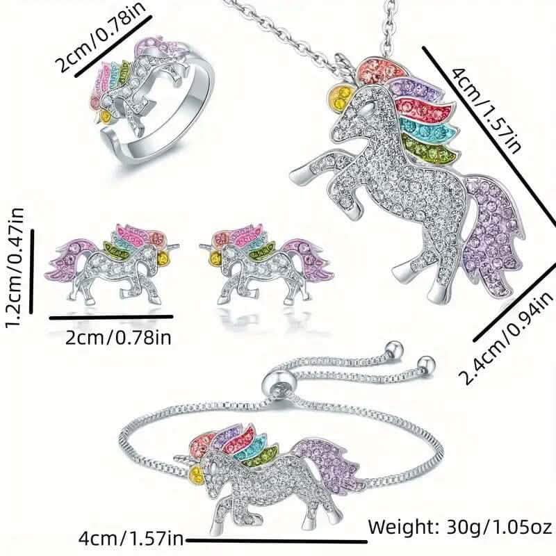 Colorful Cartoon-Themed Unicorn Earrings, Necklace, Ring & Bracelet Jewelry Set by DailySale