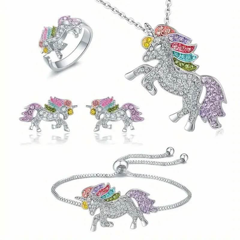 Colorful Cartoon-Themed Unicorn Earrings, Necklace, Ring & Bracelet Jewelry Set by DailySale