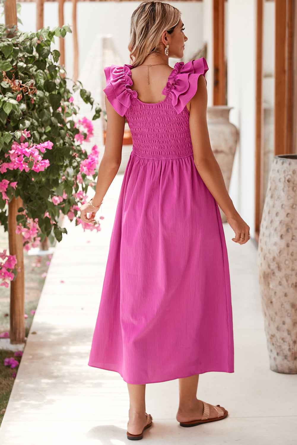 Rose Red Crinkled Ruffle Strap Smocked Midi Dress
