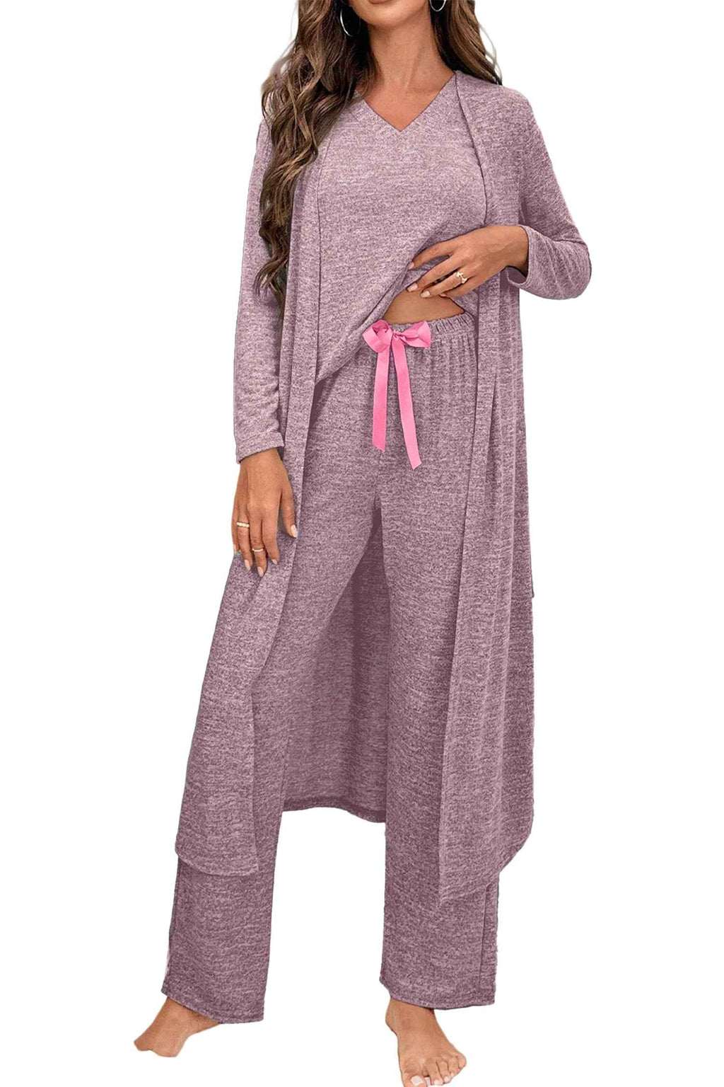 Delicacy 3pcs V Neck T Shirt Ribbon Knot Pants Open Duster 3pcs Lounge Set