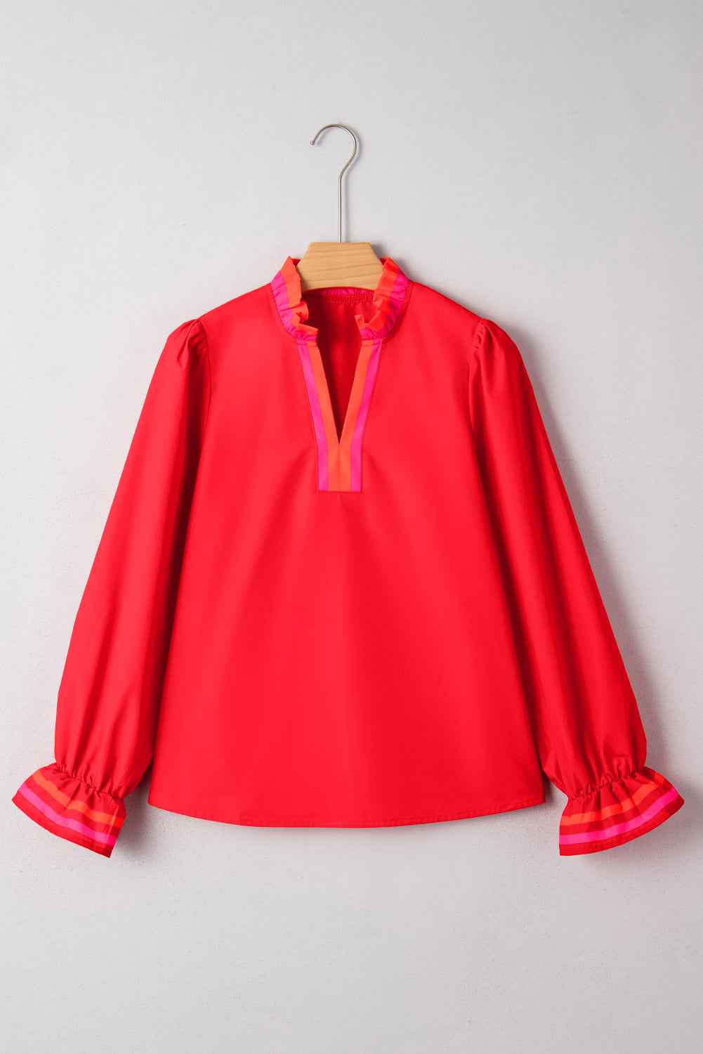 Fiery Red Striped Trim Ruffle Split Neck Long Sleeve Blouse