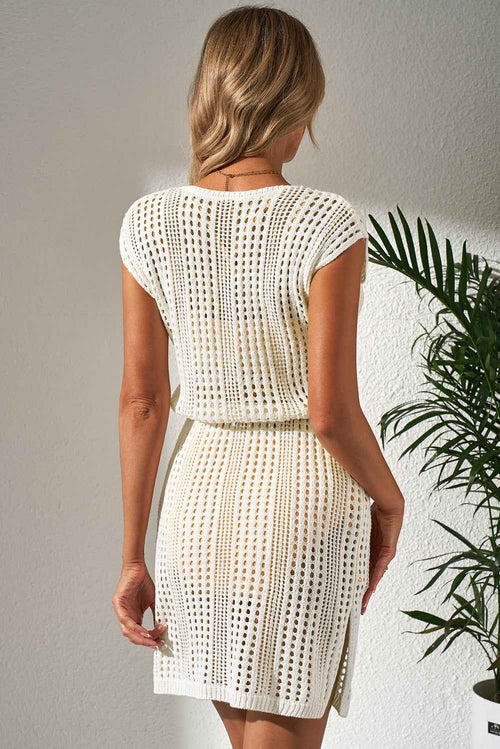Beige Open Knit Drawstring Waist Beach Dress by Wild and Free Boutique