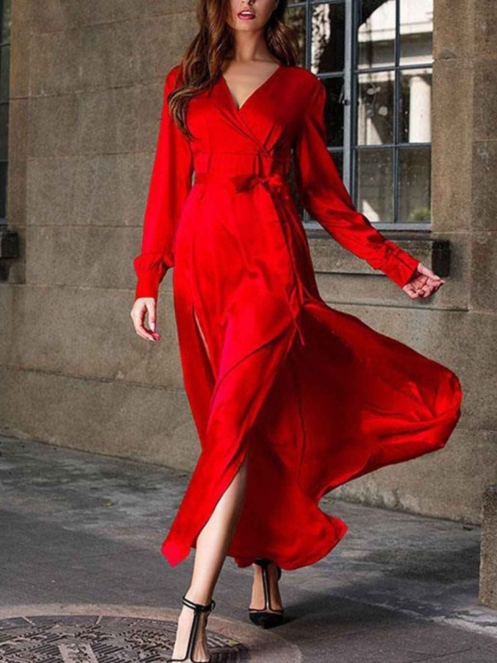 Plus Size Surplice Long Sleeve Slit Maxi Dress