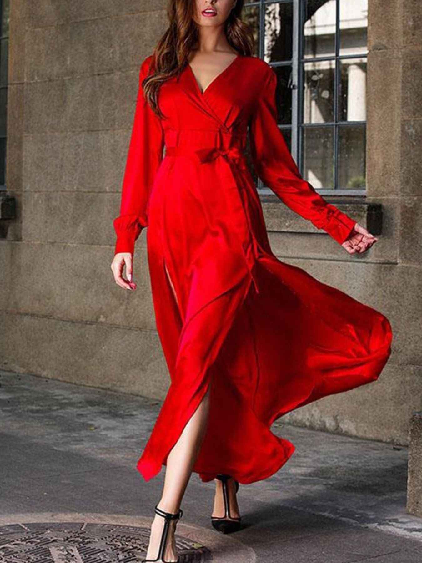 Plus Size Surplice Long Sleeve Slit Maxi Dress
