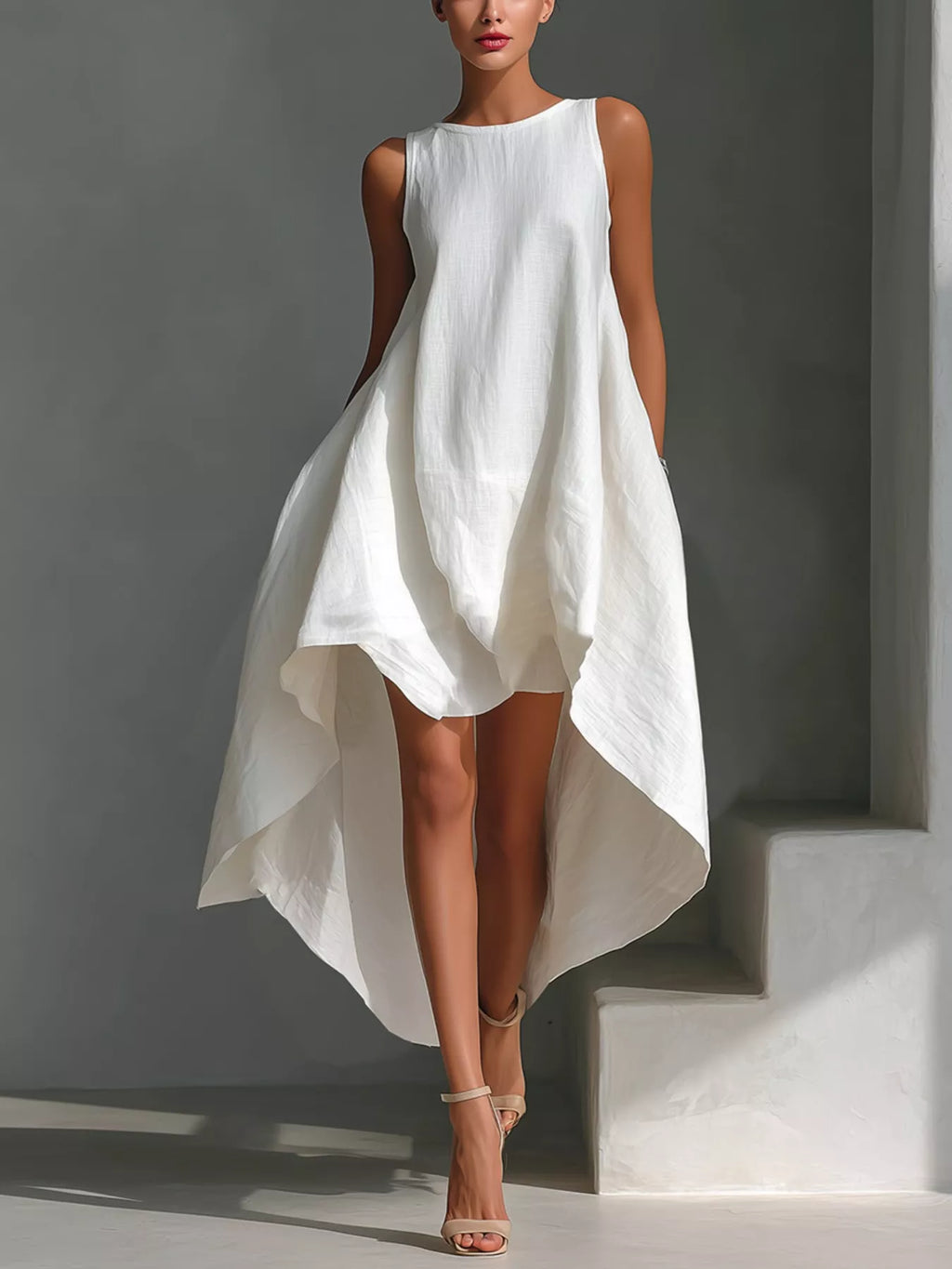 High-Low Round Neck Sleeveless Dress by Shopiebay