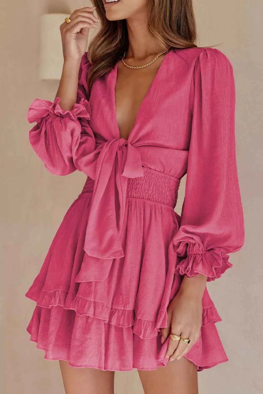 Elegant Tie-Front Ruffle Mini Dress with Smocked Wiast