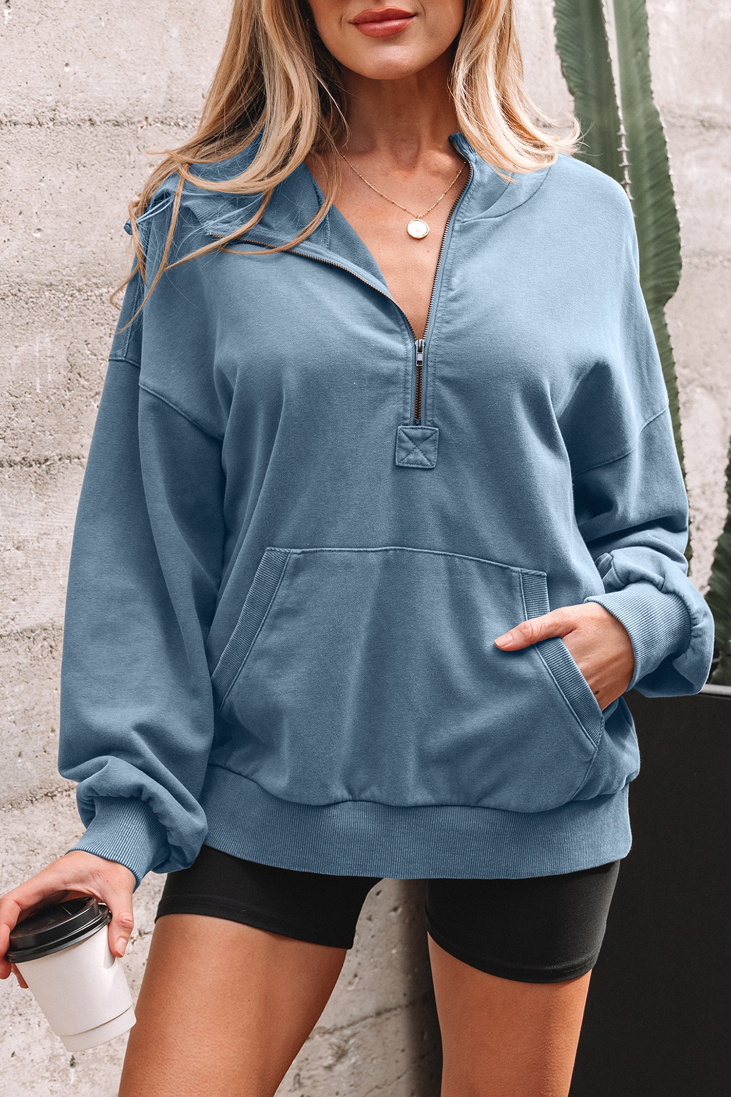 Black Half Zip Kangaroo Pocket Mineral Wash Baggy Hoodie