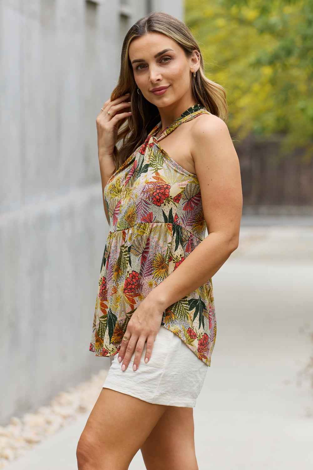 Be Stage Full Size Floral Halter Top in Green by Wild and Free Boutique