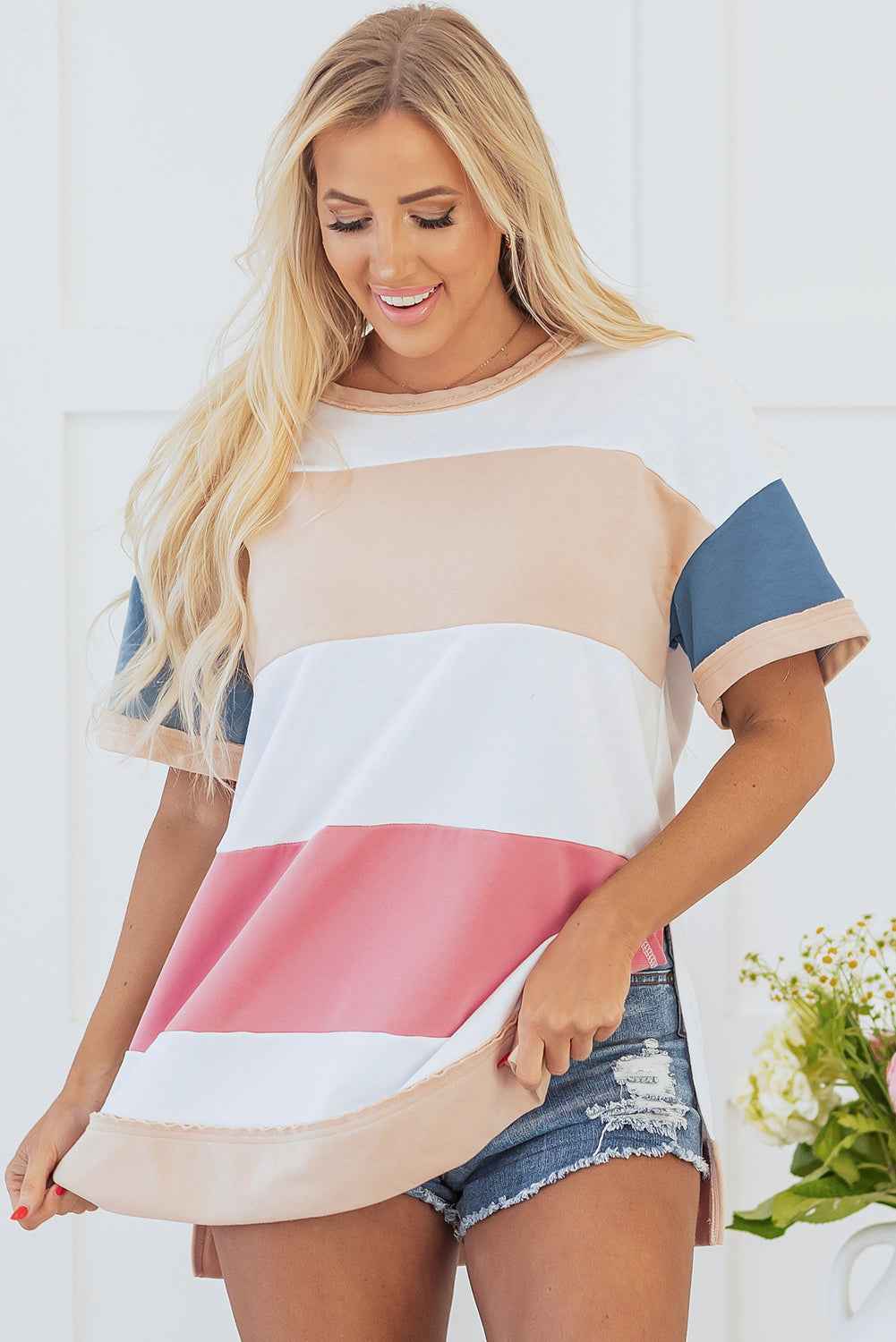 Multicolour Colorblock Patchwork Side Split Tunic T Shirt