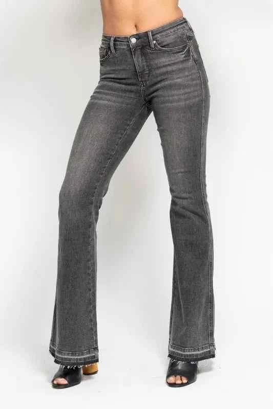 Judy Blue Full Size Mid Rise Tummy Control Washed Gray Release Hem Flare Jeans Plus Size
