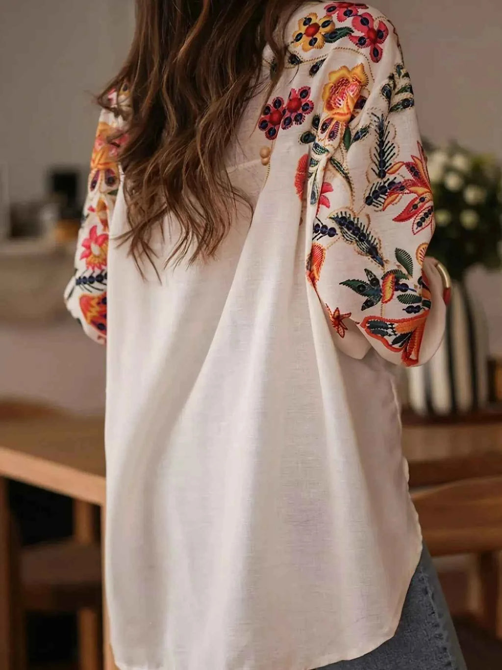 Embroidered Floral Button Up Long Sleeve Shirt