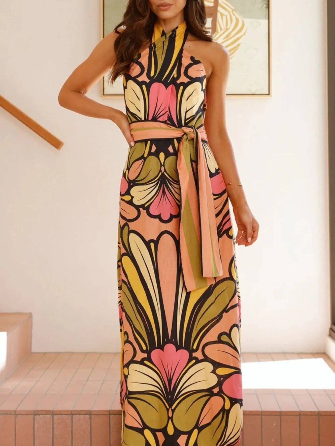 Printed Halter Neck Maxi Cami Dress by Shopiebay