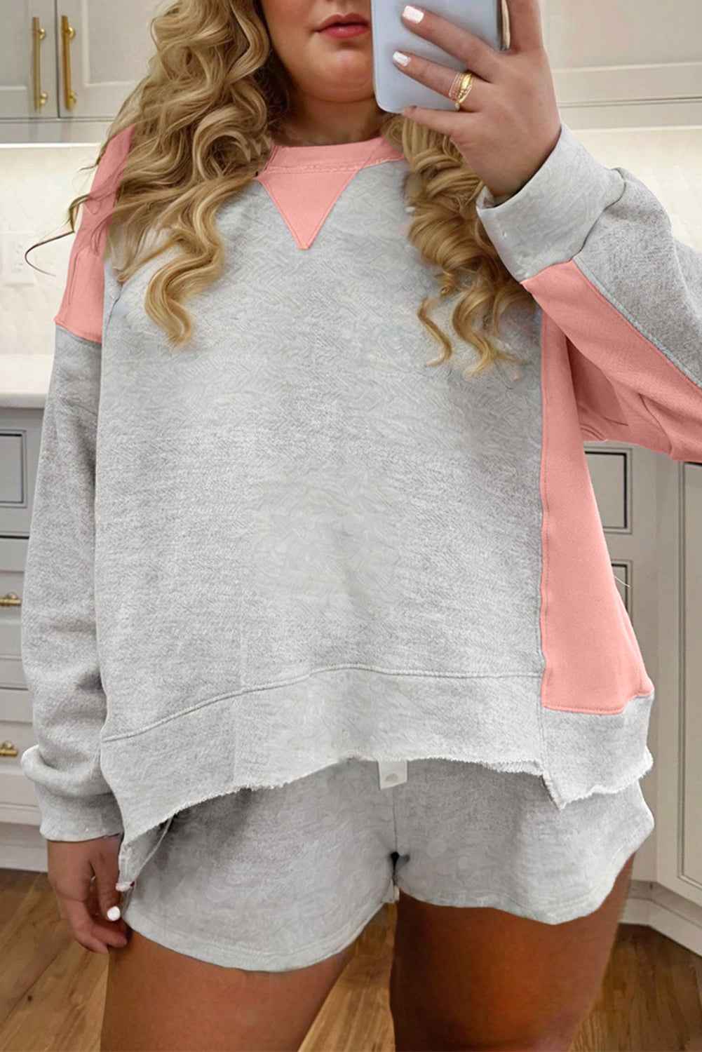 Light Grey Uneven Hem Colorblock Patchwork Pullover Shorts Plus Size 2pcs Outfit by Wild and Free Boutique