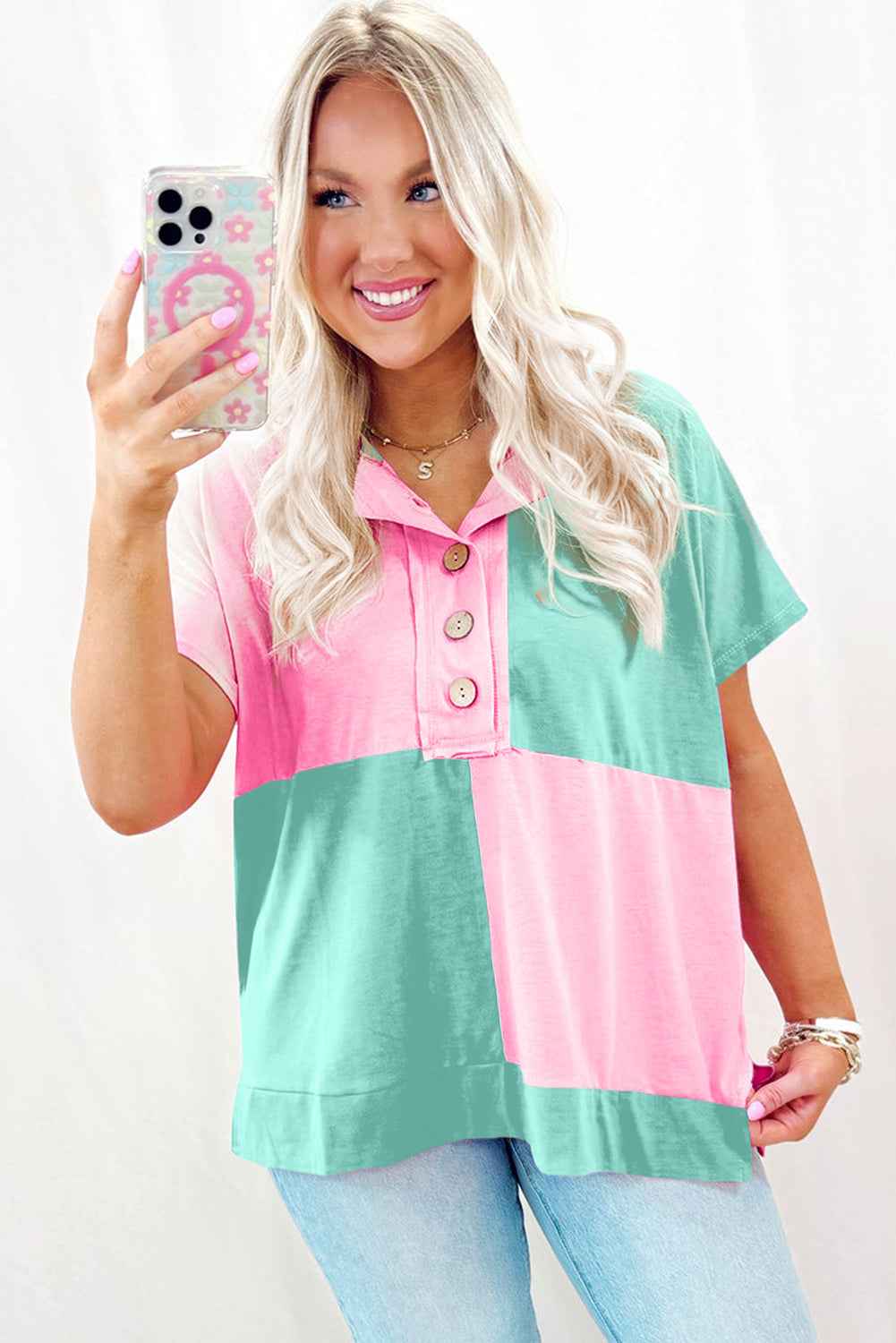 Mint Green Colorblock Half Buttons Henley T Shirt