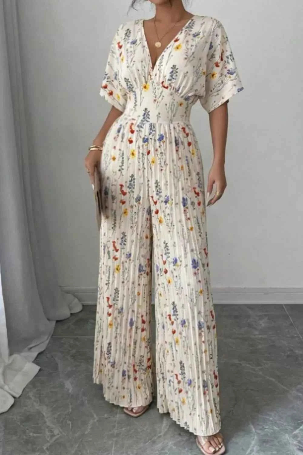 Floral Print Pleated Wide Leg Jumpsuit