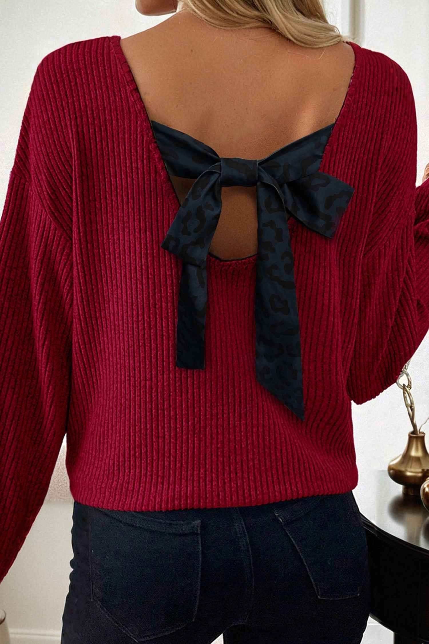 Simply Taupe Ribbed V Neck Contrast Ribbon Bow Back Drop Shoulder Long Sleeve Top