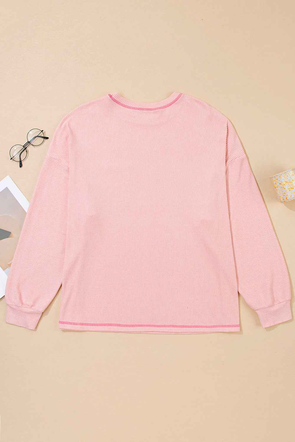 Bonbon Ribbed Exposed Seam Chest Pocket Plus Size Long Sleeve Top