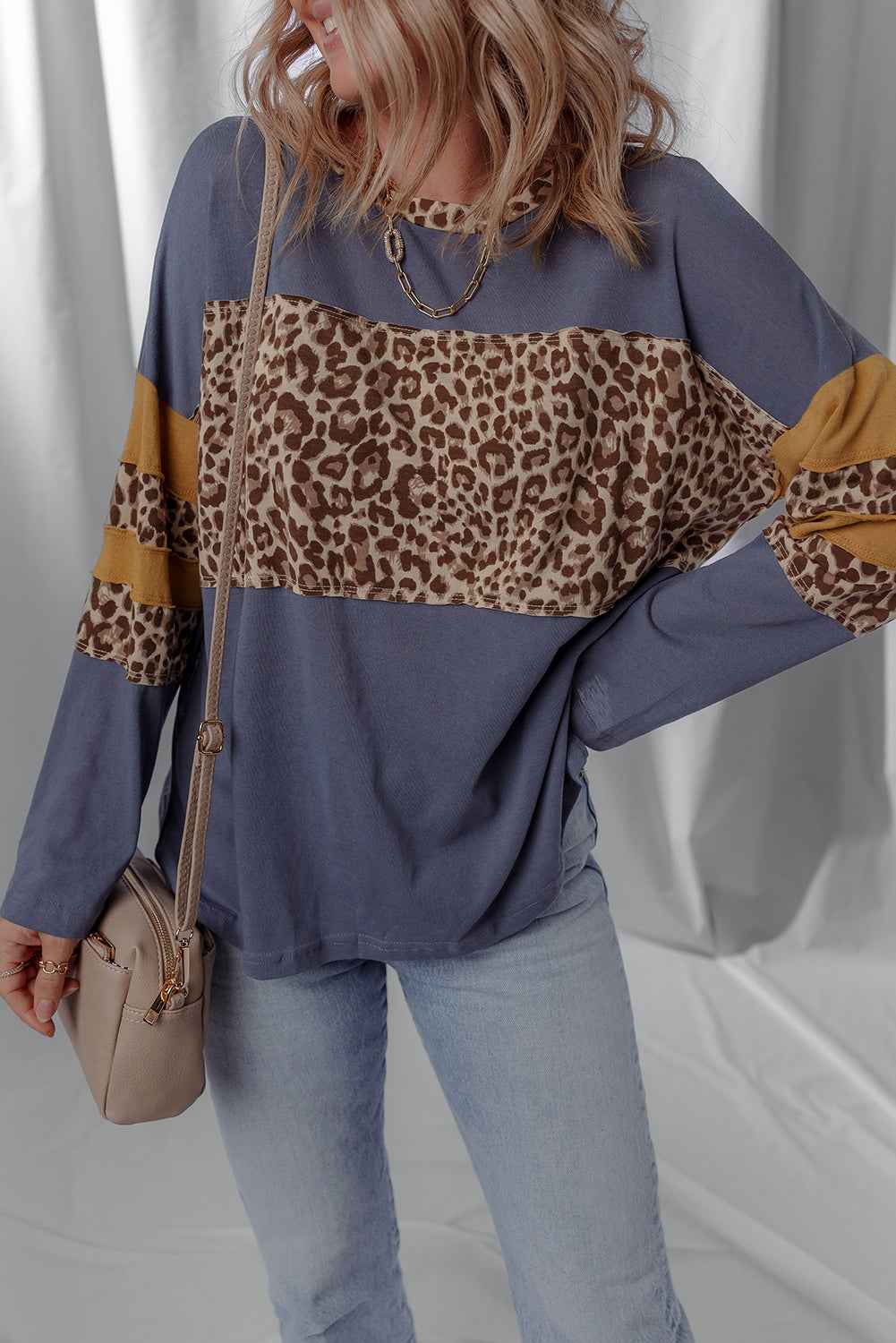 Dark Blue Leopard Colorblock Patchwork Drop Shoulder Top
