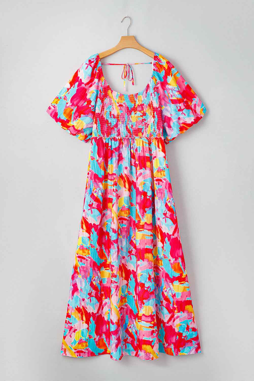 Rose Abstract Printed Puff Sleeve Square Neck Smocked Bust Tied Back Plus Size Dress