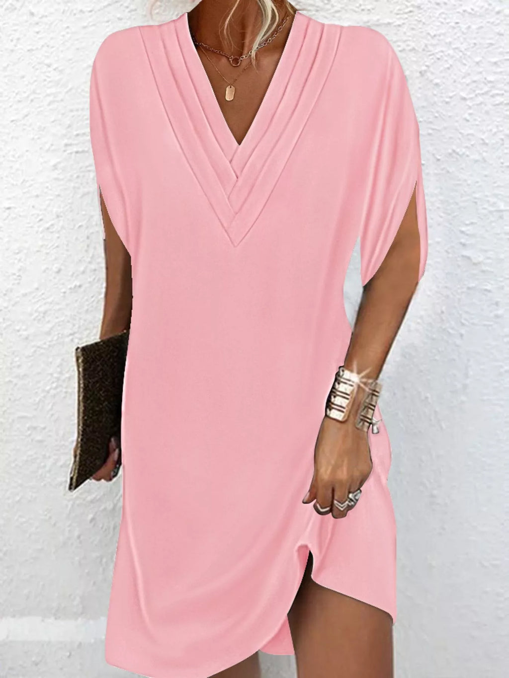 V-Neck Slit Sleeve Mini Dress by Shopiebay