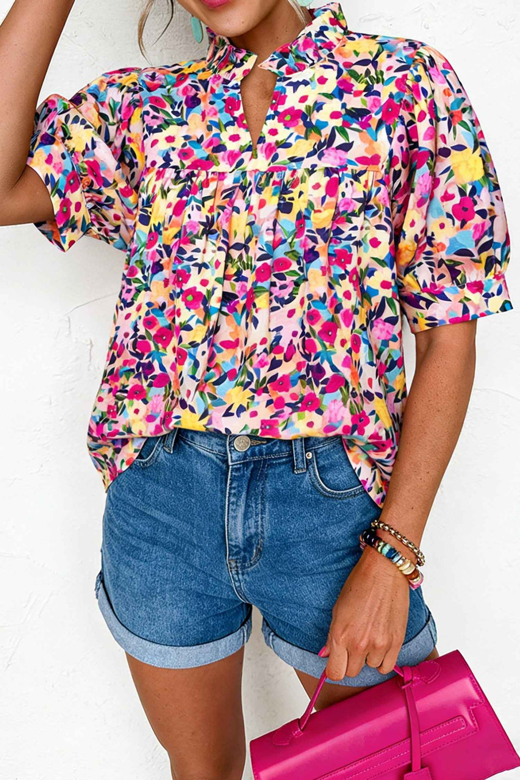 Pink Flower Print Frilled Collar Short Puff Sleeve Summer Blouse