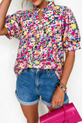 Pink Flower Print Frilled Collar Short Puff Sleeve Summer Blouse