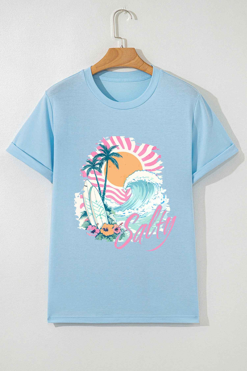Light Blue Salty Beach Resort Vacation Surf Graphic Tee