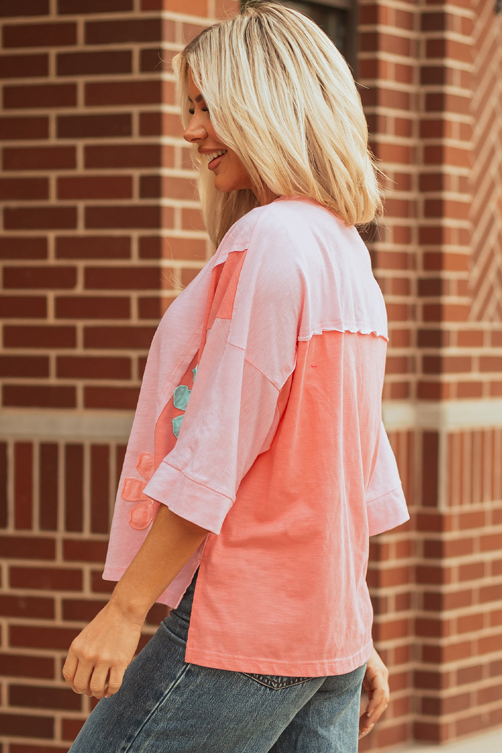 Green Flower Patched Exposed Seam Bracelet Sleeve Oversized T Shirt