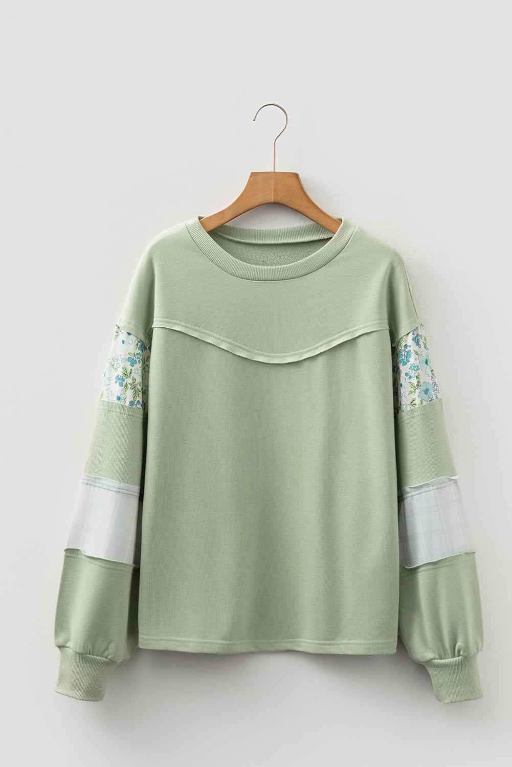 Laurel Green Floral Plaid Mixed Sleeve Raw Edge Relaxed French Terry Top