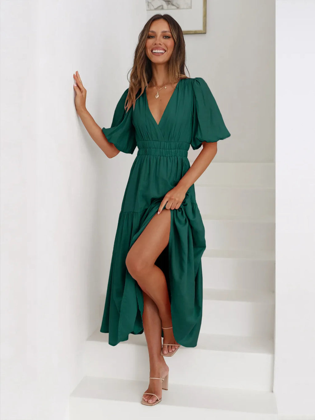Tiered Surplice Half Sleeve Midi Dress by Shopiebay