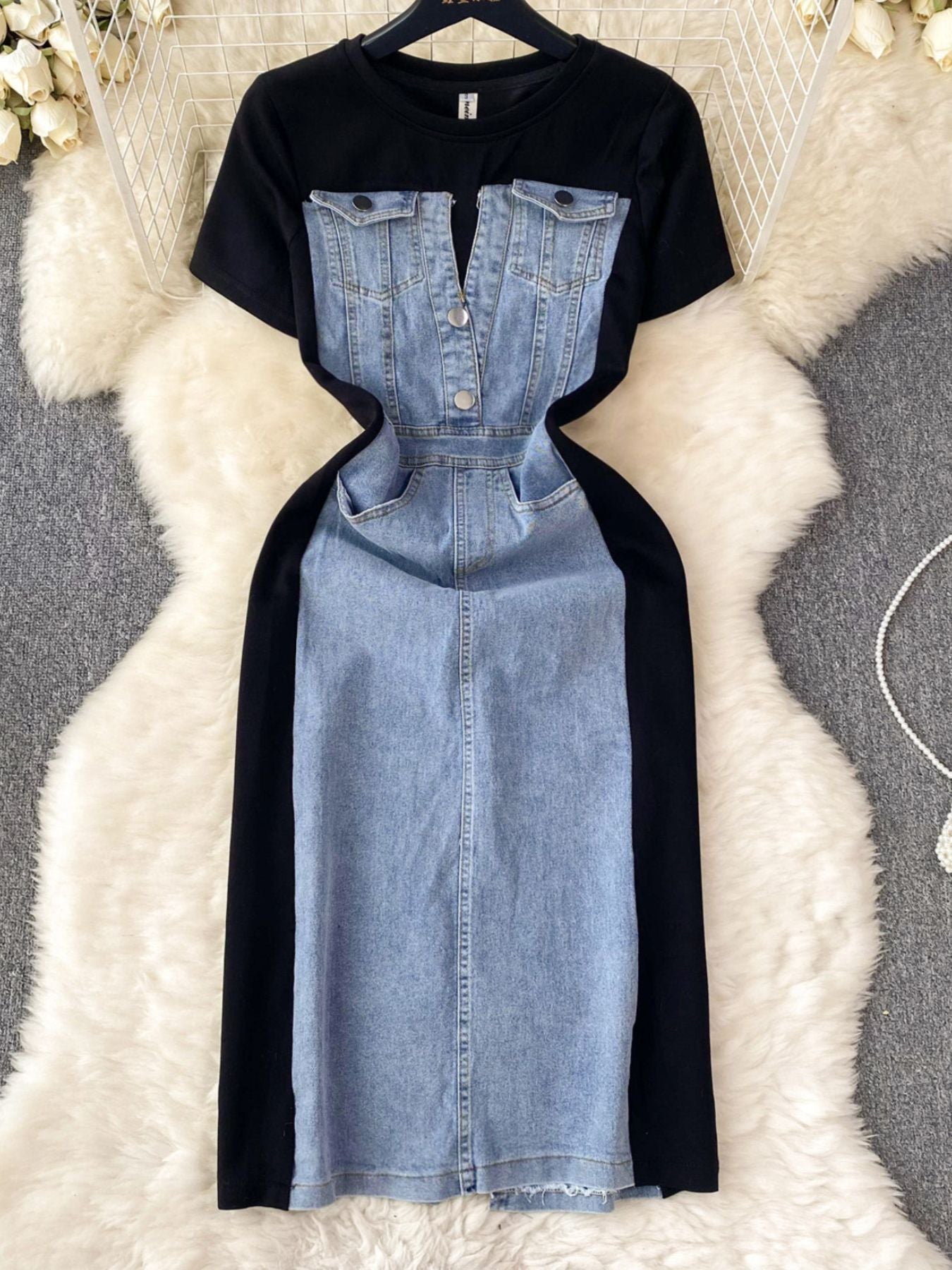 Full Size Denim Patchwork Short Sleeve Slit Back Dress Plus Size by Shopiebay