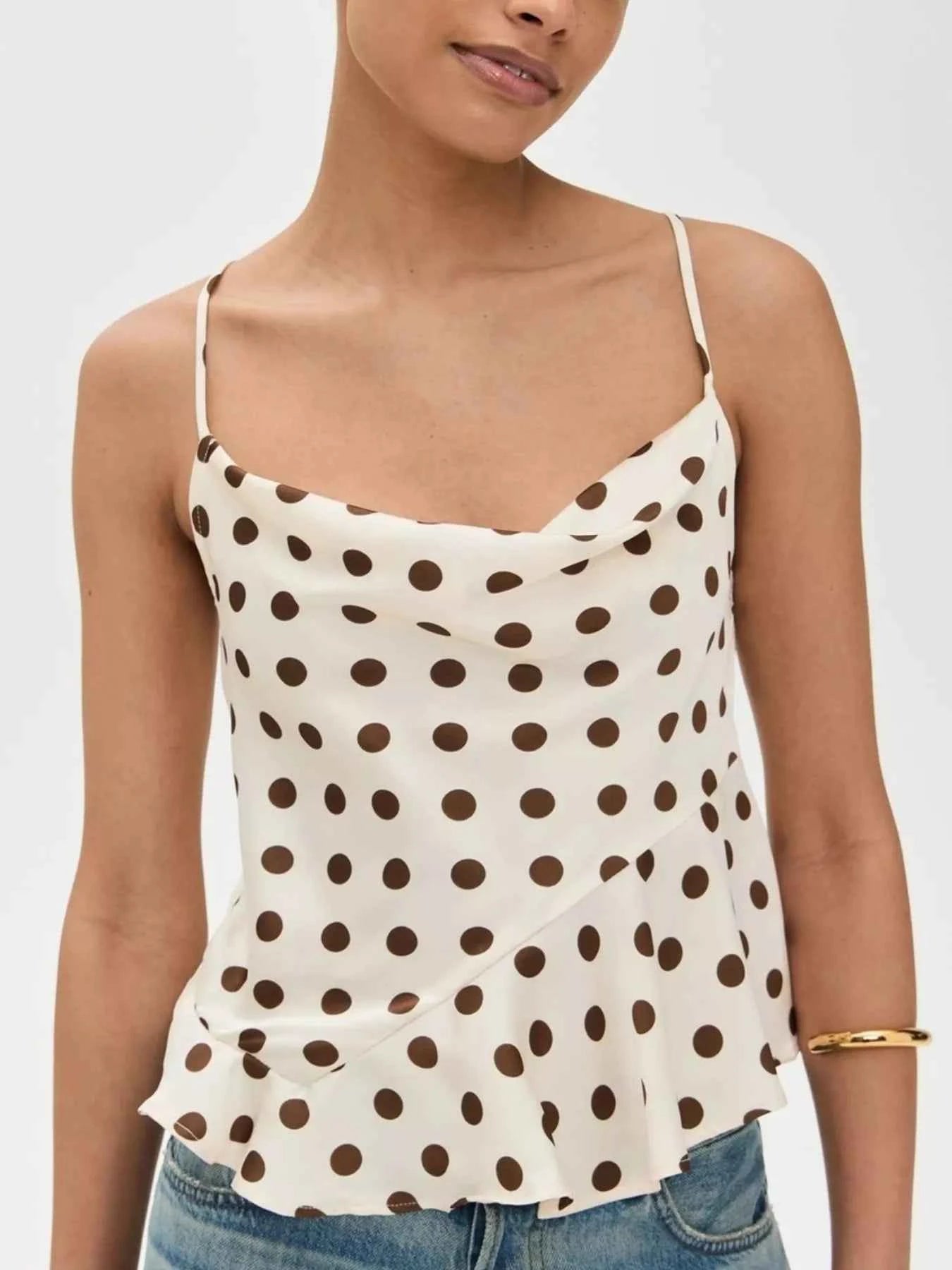 Cowl Neck Polka Dot Cami with Crisscross Back Tie