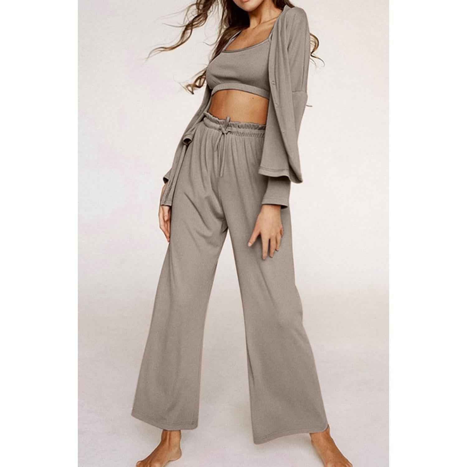 Spaghetti Strap Bra, Open Front Cardigan and Drawstring Pants Set