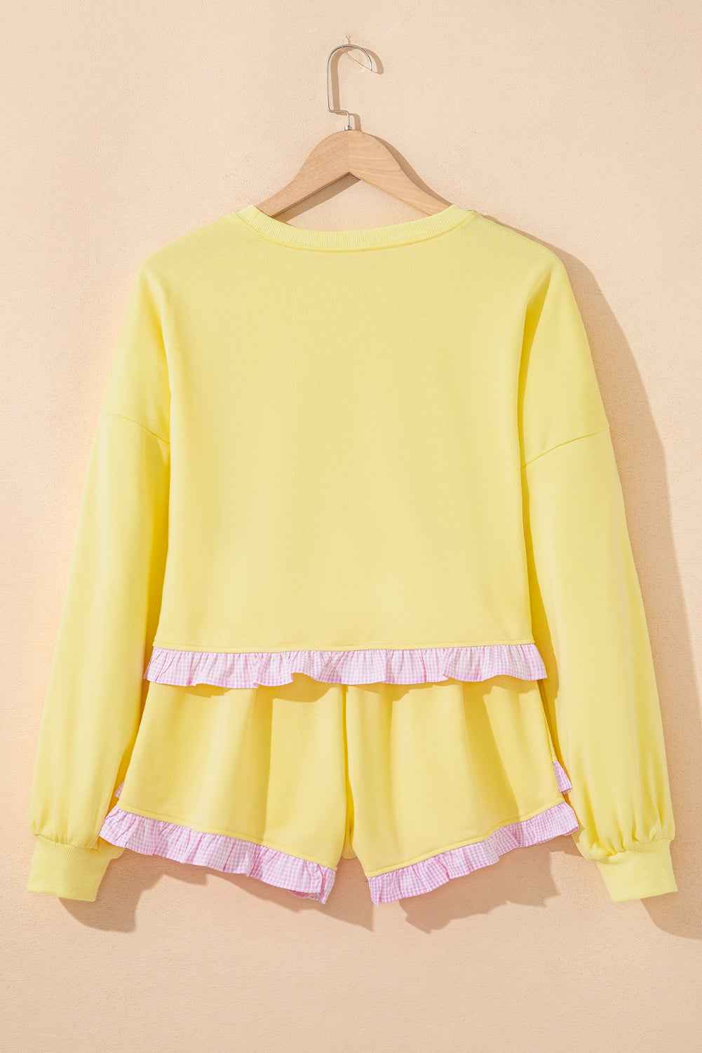 Yellow Cream Plaid Ruffled Patchwork Drop Shoulder Pullover and Drawstring Elastic Waist Shorts Matching Set