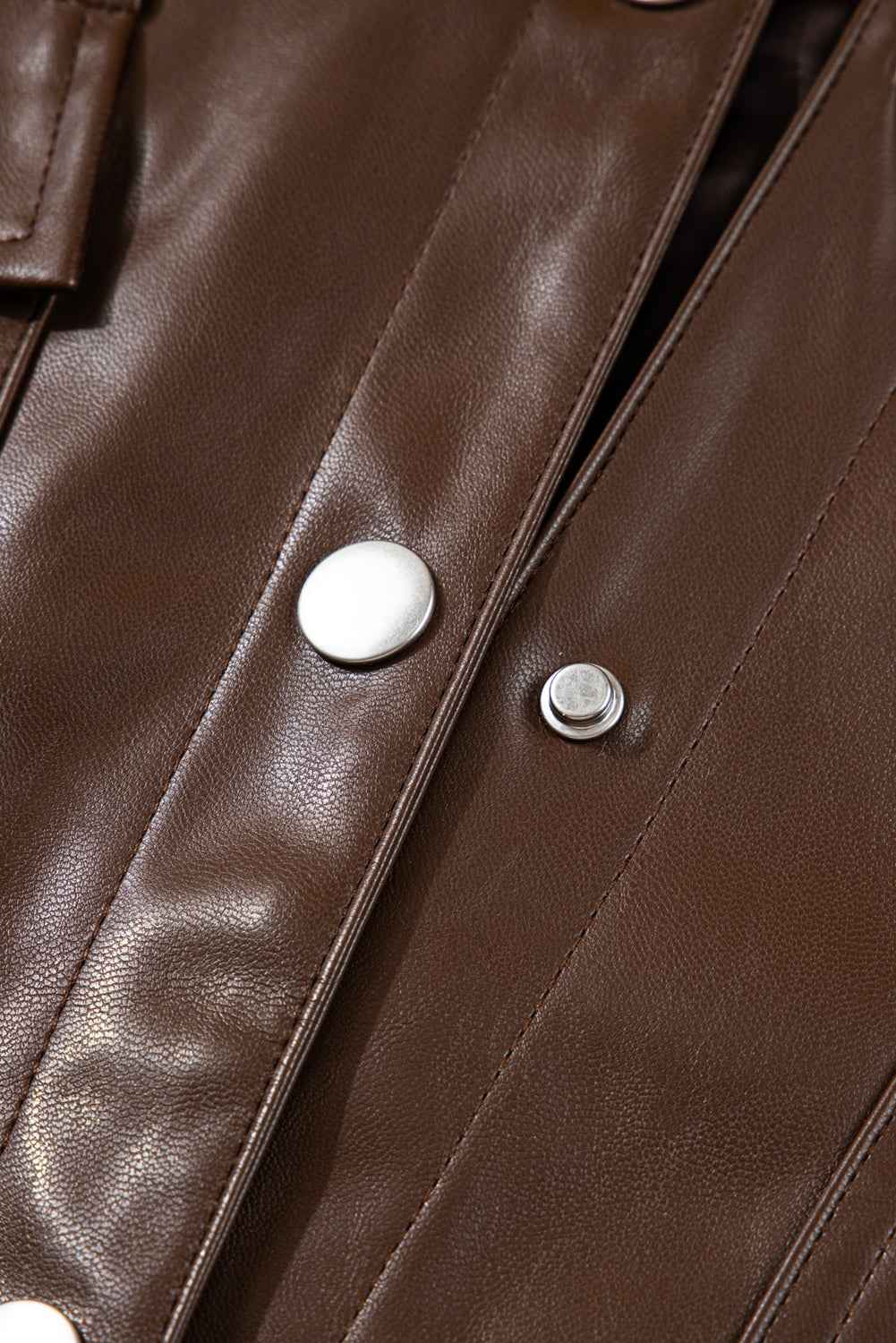 Chicory Coffee Double Flap Pocket Drawstring Hem Leather Jacket