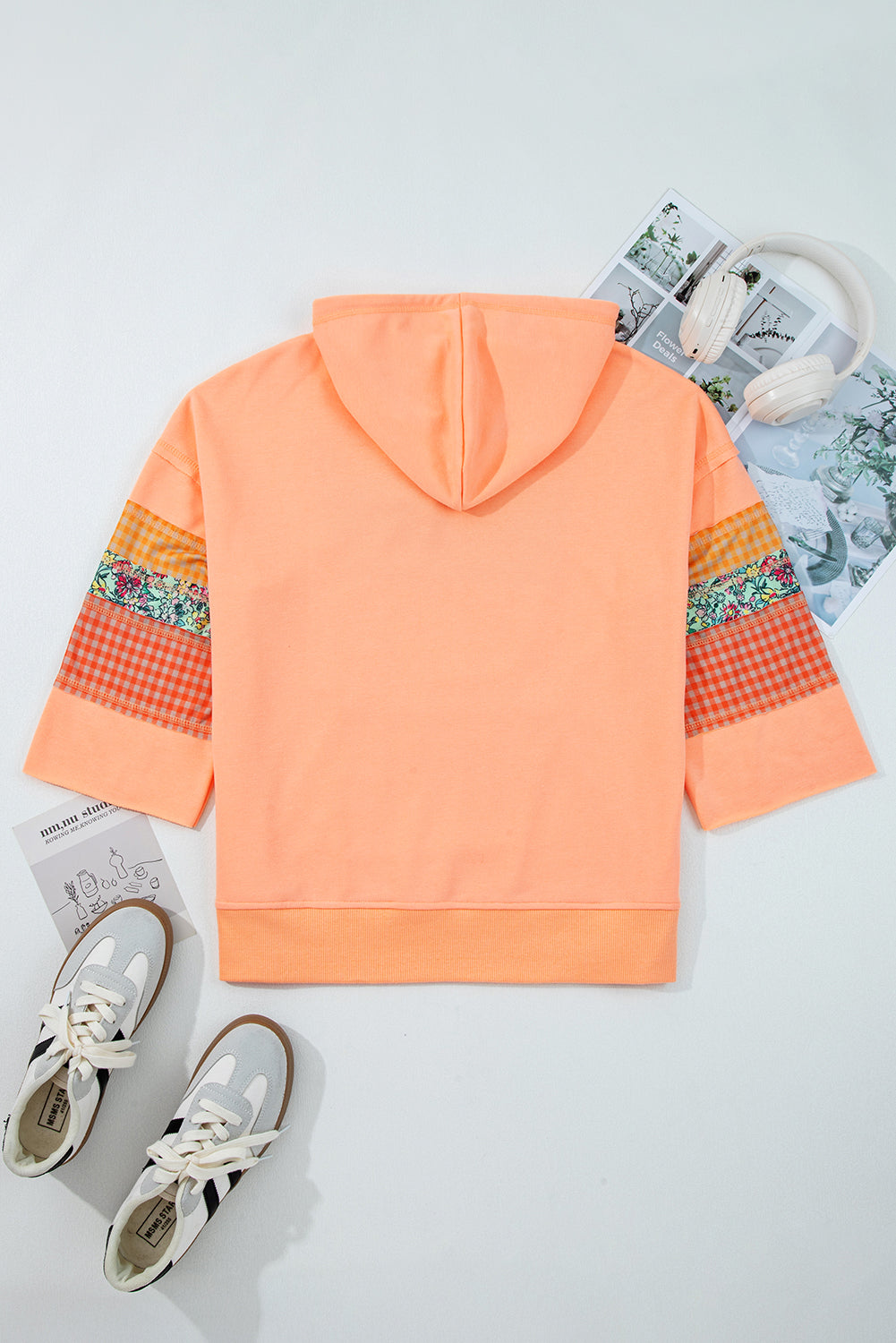 Grapefruit Orange Plaid Floral Patchwork Kangaroo Pocket Hooded Top