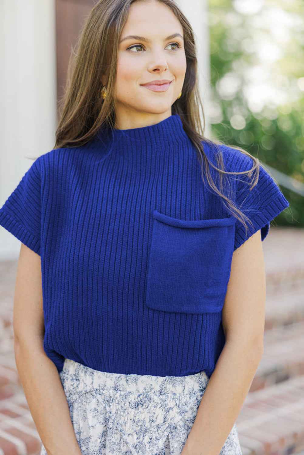 Dark Blue Patch Pocket Ribbed Knit Short Sleeve Sweater