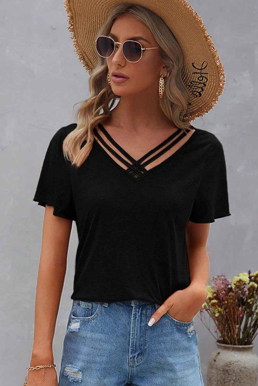 Black Crisscross V Neck Butterfly Sleeve T Shirt