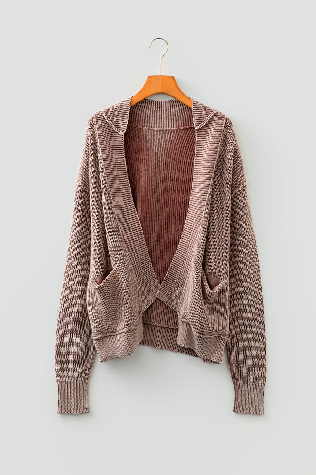 Chestnut Mineral Wash Exposed Seam Patchwork Knit Open Sweater Cardigan
