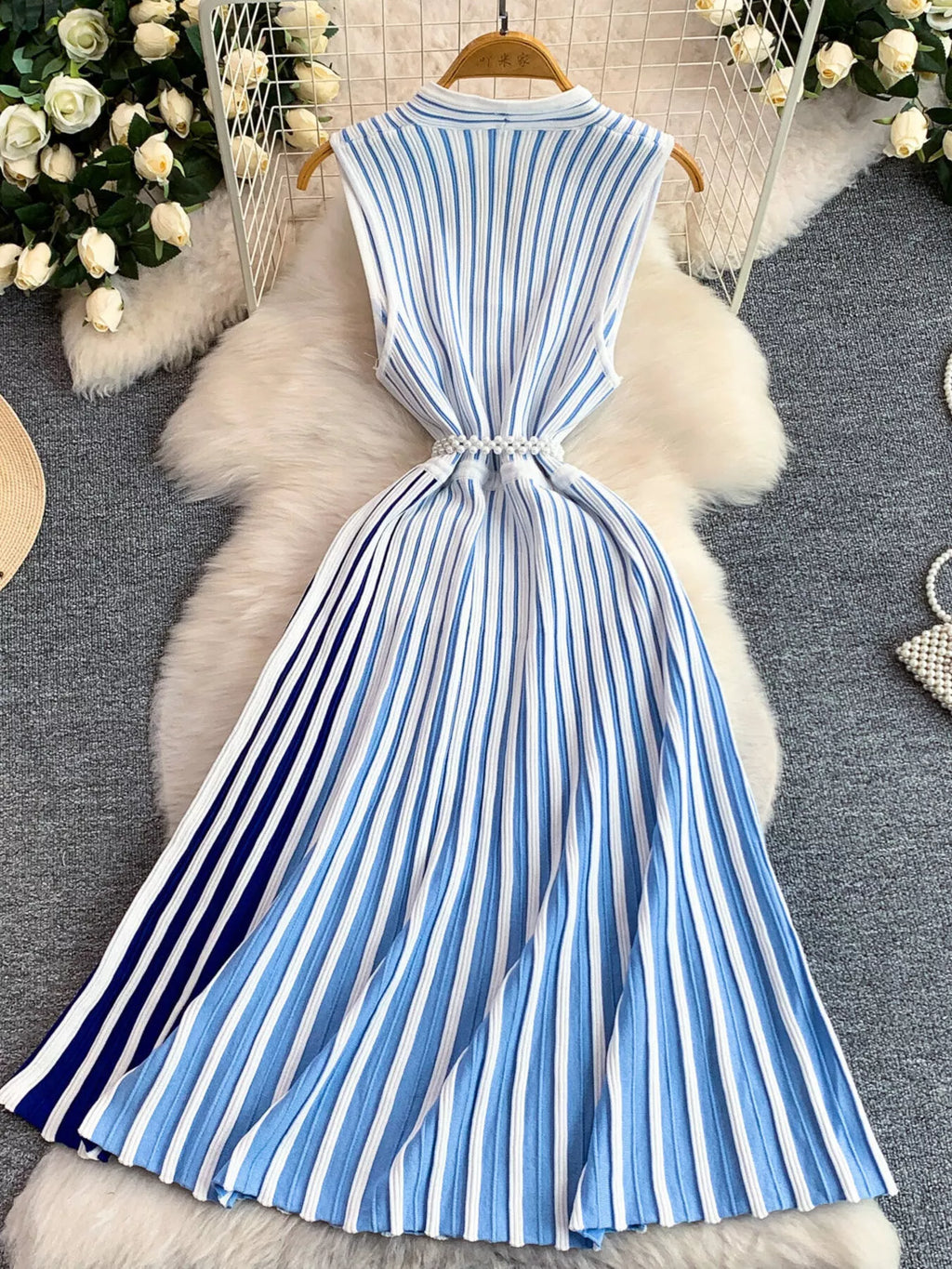 Striped Sleeveless Midi Dress by Shopiebay