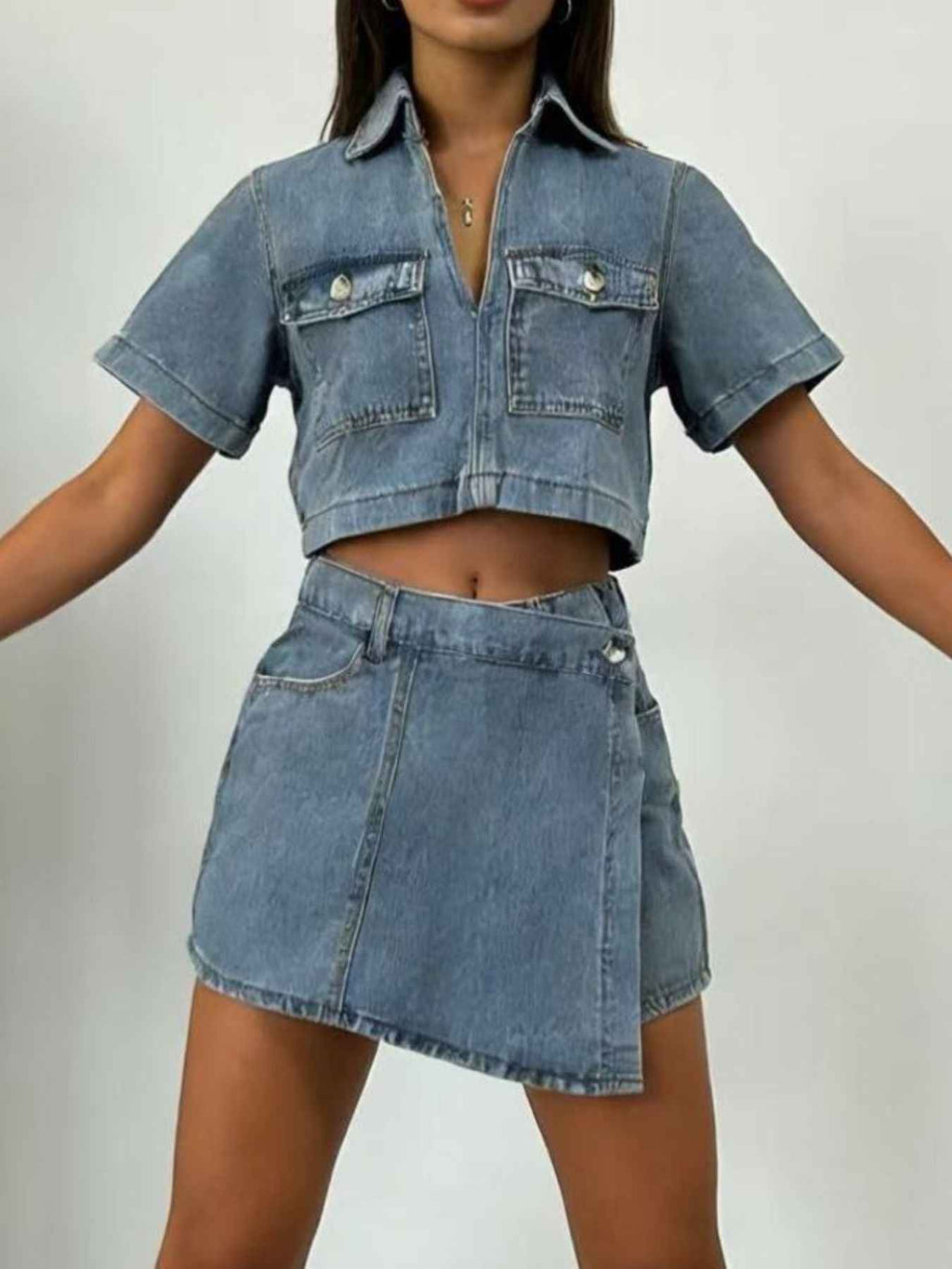 Short Sleeve Cropped Top and Skort Denim Set