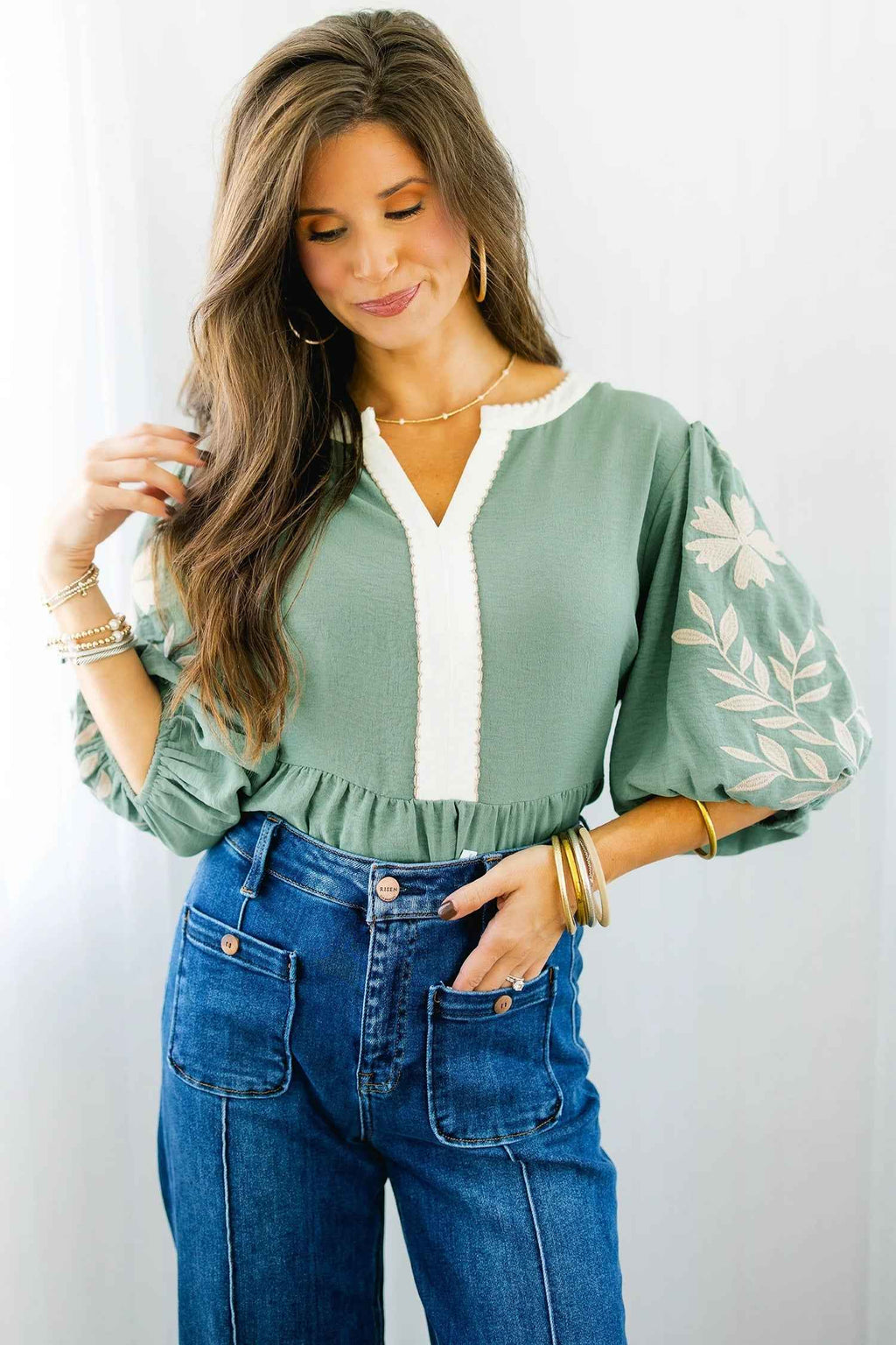 Smoke Green Color Block Patchwork V Neck Embroidered Puff Sleeve Babydoll Blouse