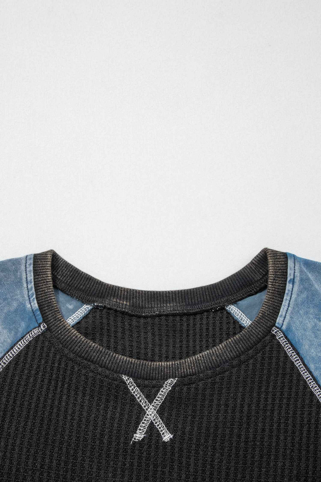 Carbon Grey Waffle Knit Seam Detail Color Block Patchwork Short Sleeve Top
