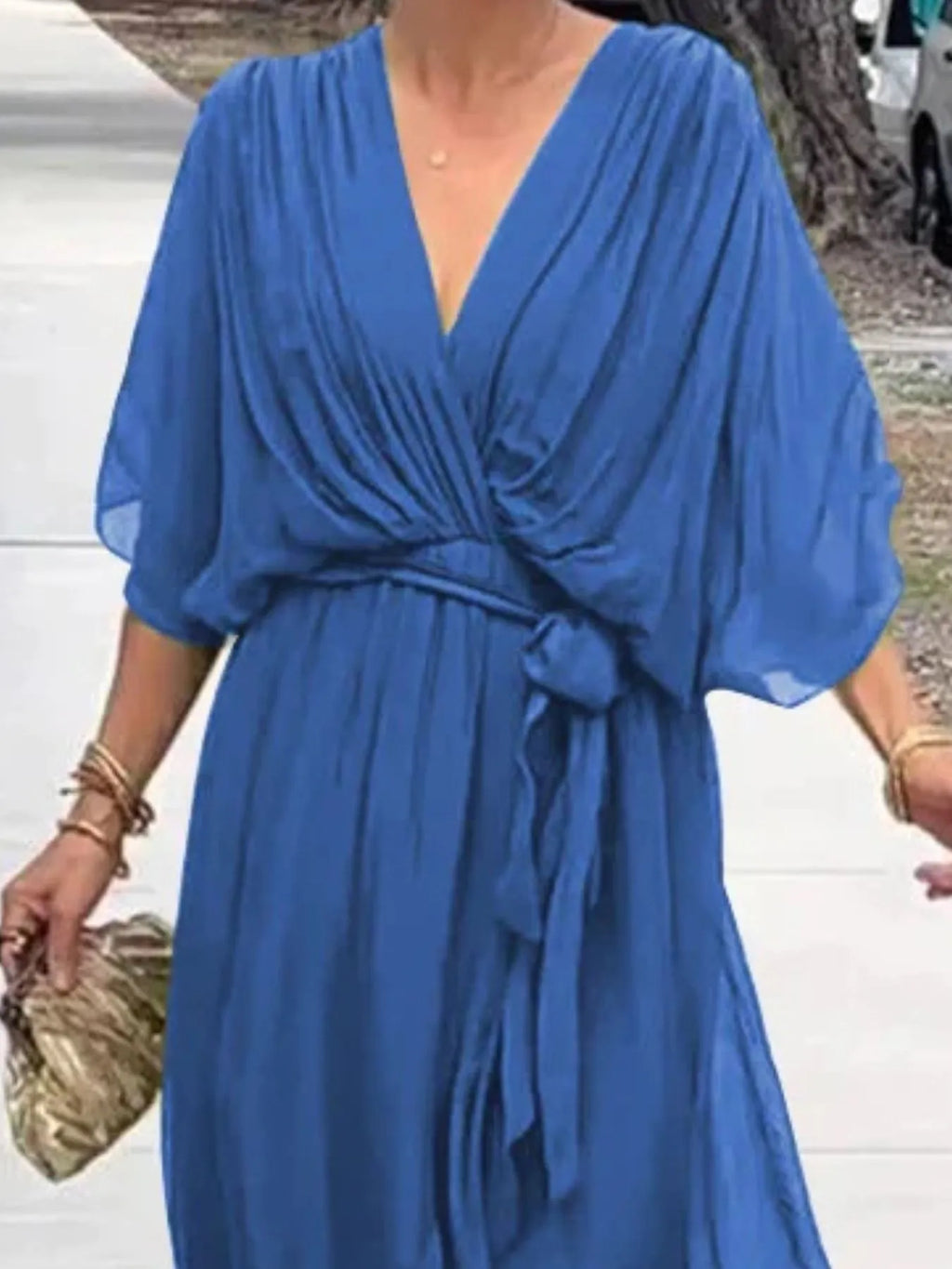 Flowy Tie Front Midi Dress with Flutter Sleeves by Shopiebay