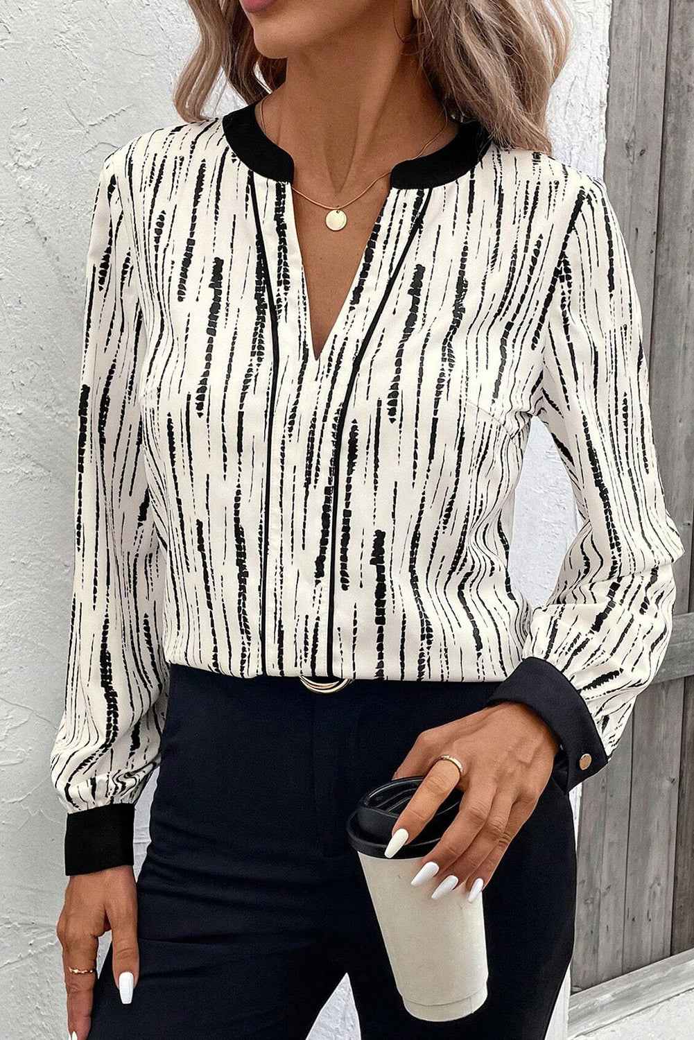 White Abstract Print V-neck Long-sleeve Blouse