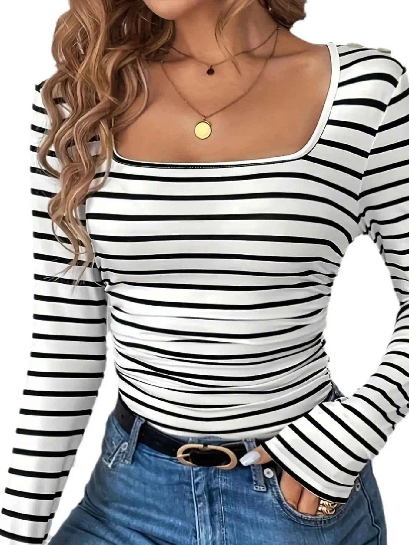 Striped Square Neck Womens Long Sleeve T Shirt